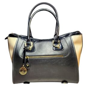 London Fog Handbag Large Tote Faux Vegan Leather Black Cream Gold Classic Preppy